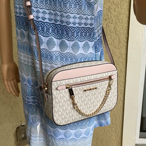 Michael Kors Jet Set Item Large East West Zip Chain Crossbody Powder Blush Multi - Picture 12 of 16